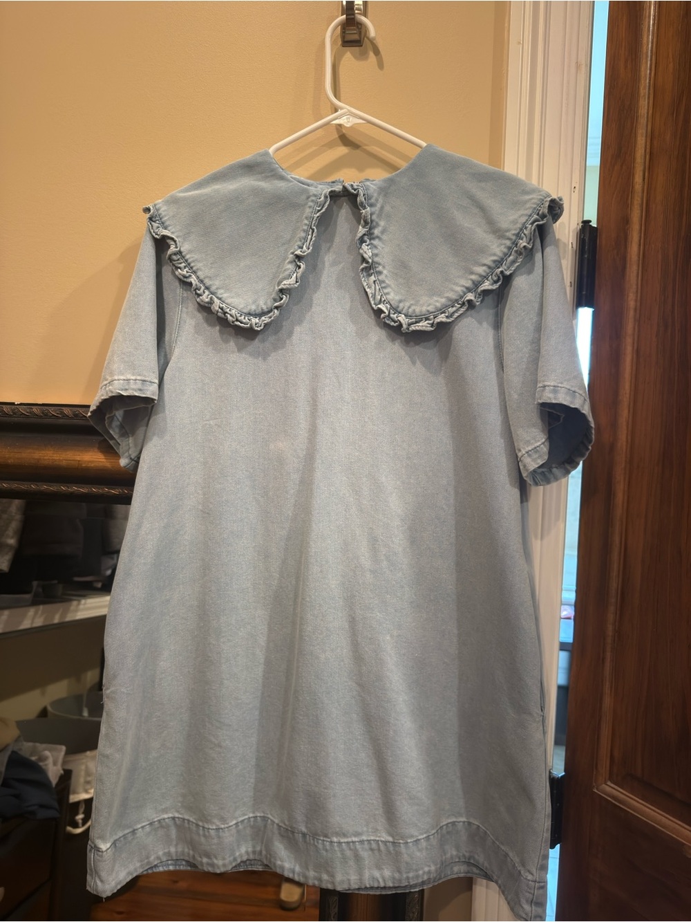 Light Wash Denim Dress with Ruffled Peter Pan Collar